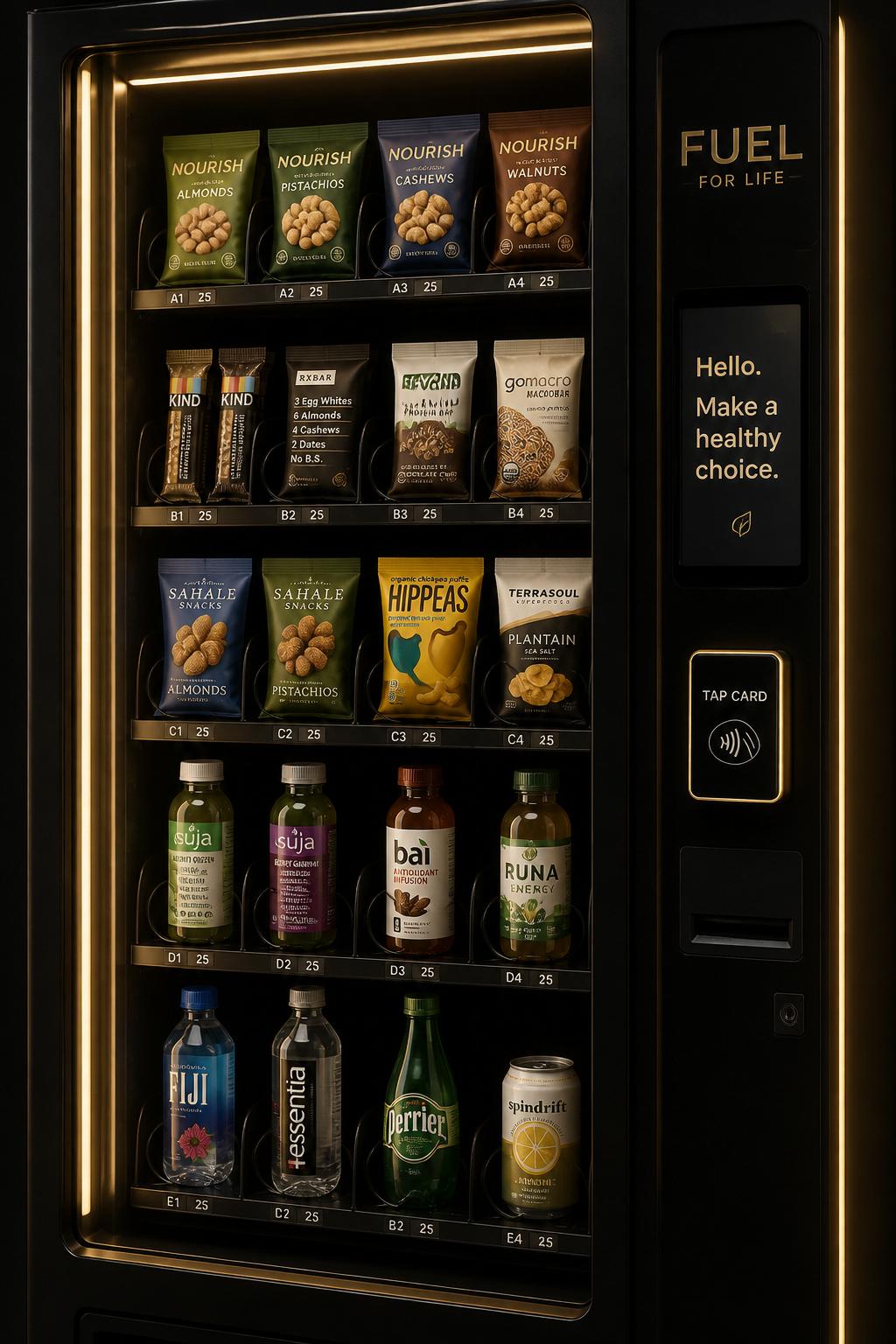 Premium vending machine stocked with curated snacks and beverages